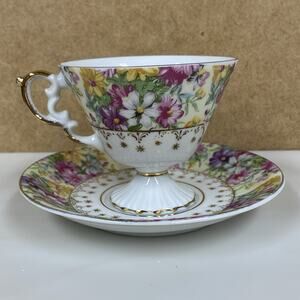 Vintage Rossini Cosmo Wild Flower Porcelain Teacup & Saucer Set 2 Pc Japan